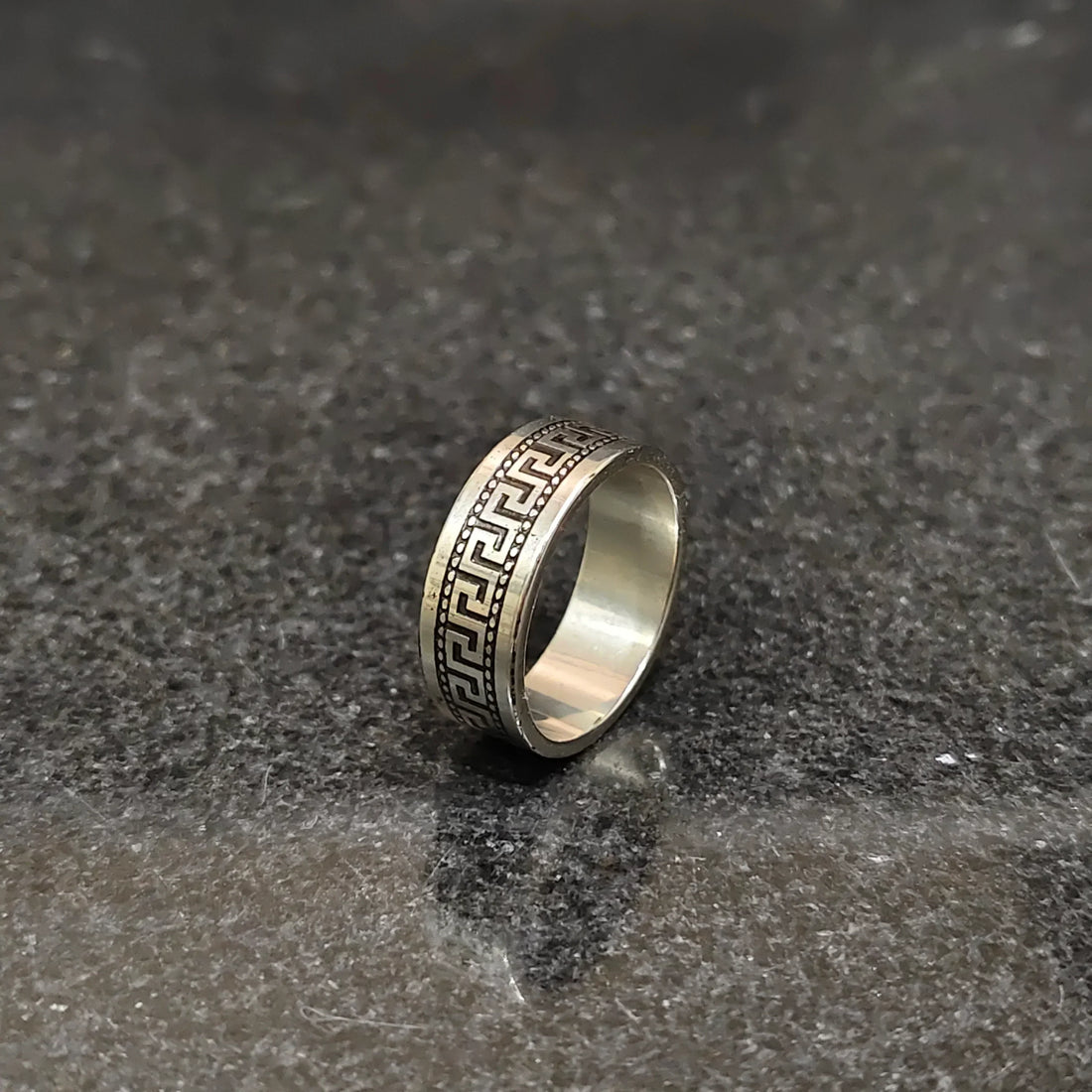 Versace Pettern Black ring for men with intricate Greek key design on silver band