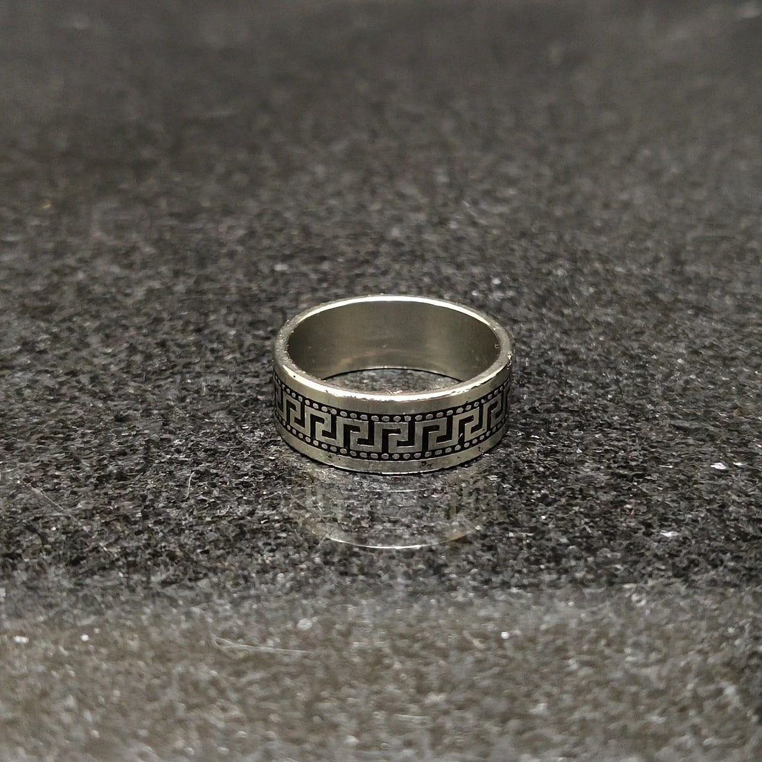 Versace Pettern Black ring for men with intricate Greek key design on silver band