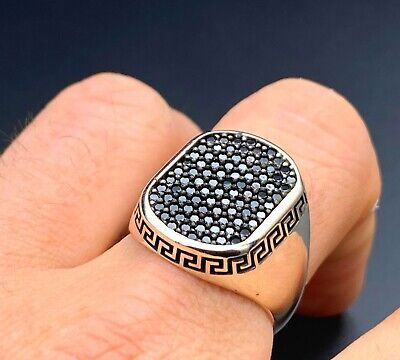Silver Versace Ring For Men with black stones and Greek key design on the band by Lamha